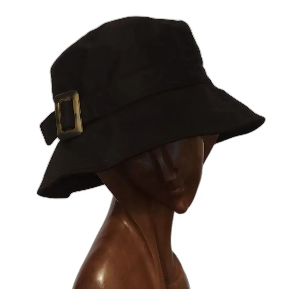 Black Cloche Bucket Hat with Tortoiseshell Buckle Women's Packable Hat